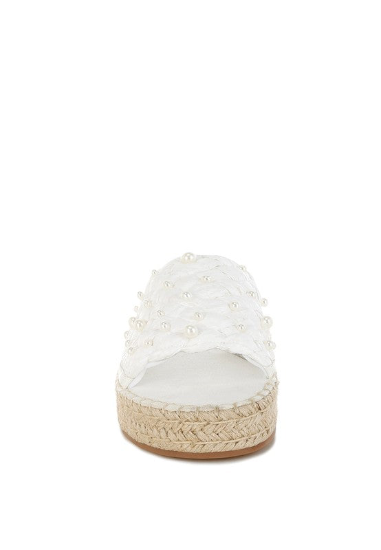 Babe Beachwaer women's pearl embellished flats with woven platform sole and white pearl detailing