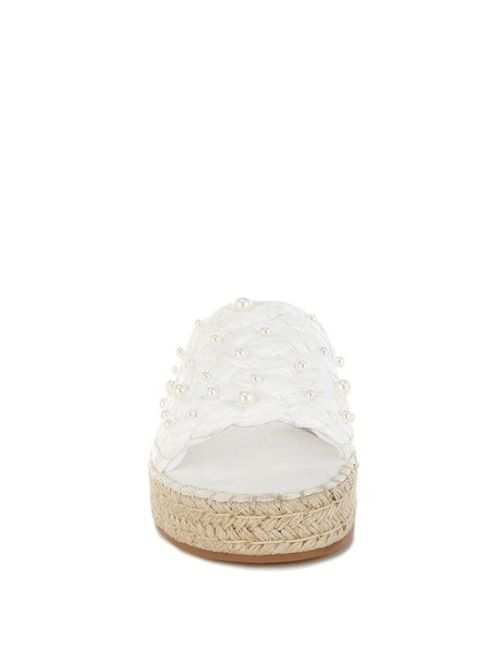 Babe Beachwaer women's pearl embellished flats with woven platform sole and white pearl detailing