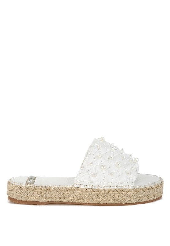 Babe Beachwear women's pearl embellished flats with white woven upper and braided jute sole
