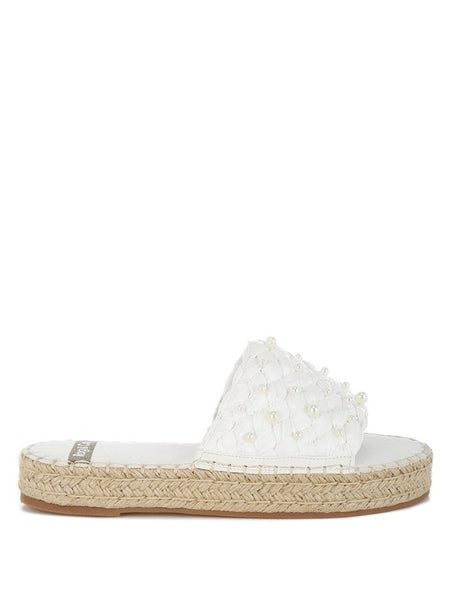 Babe Beachwear women's pearl embellished flats with white woven upper and braided jute sole