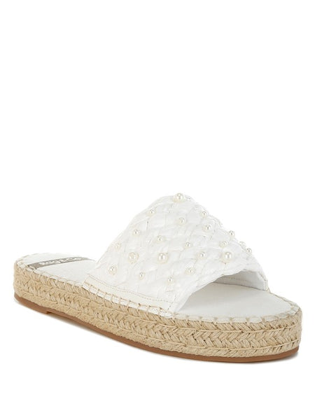 Babe Beachwear women's pearl embellished flats white quilted slide sandals with braided sole