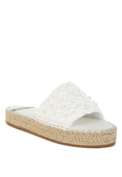 Babe Beachwear women's pearl embellished flats white quilted slide sandals with braided sole