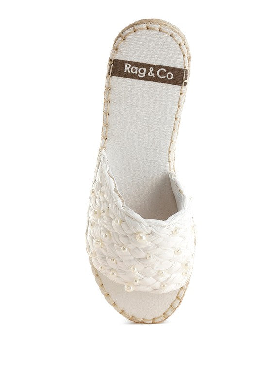 Babe Beachwaer women's pearl embellished flats in white with braided design and open toe