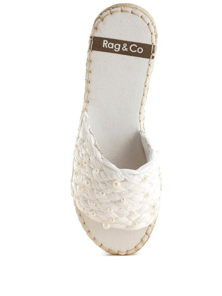 Babe Beachwaer women's pearl embellished flats in white with braided design and open toe