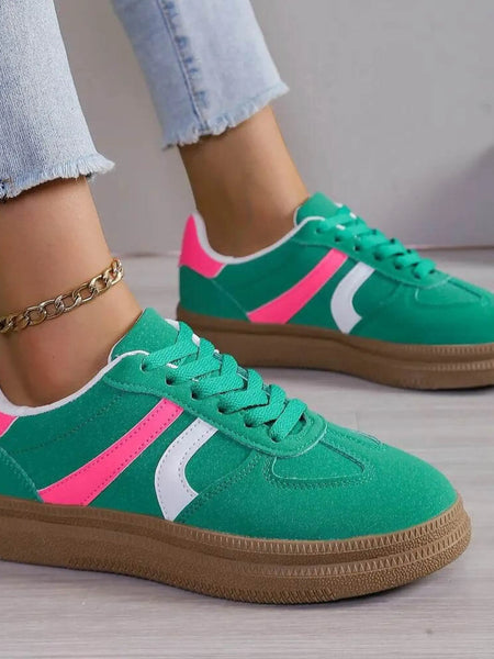 Trendsi red contrast round toe sneakers with green and pink accents and brown sole