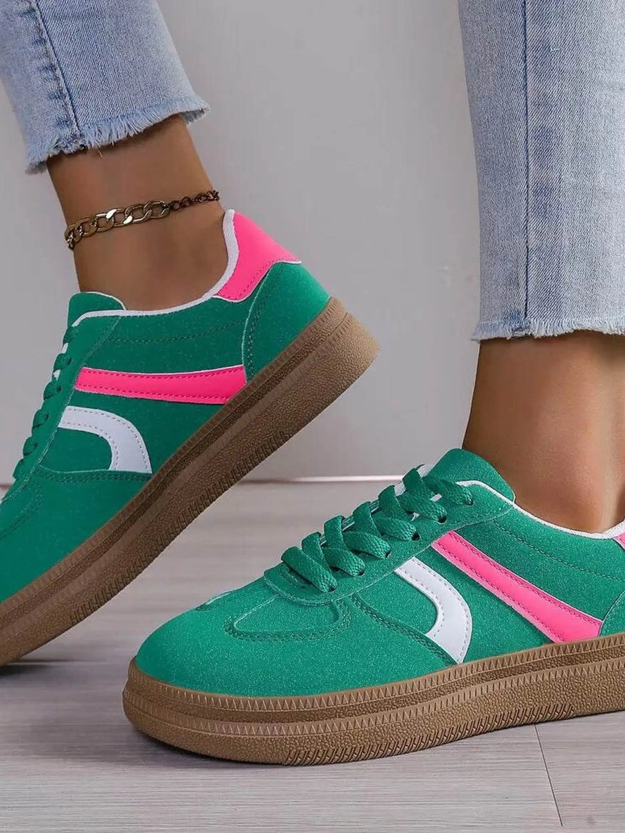 Trendsi red contrast round toe sneakers in green with pink and white accents and brown sole