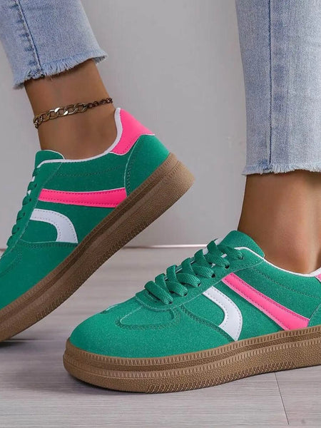 Trendsi red contrast round toe sneakers in green with pink and white accents and brown sole