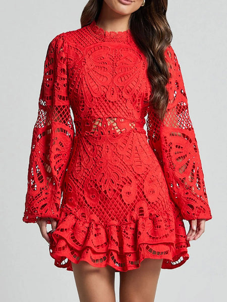 Babe Beachwear white lace mini cocktail dress featuring long sleeves and intricate lace detailing