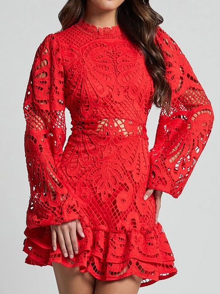 Red lace mini dress by Babe Beachwear featuring intricate patterns and long bell sleeves