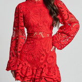 Babe Beachwear red lace mini dress with long sleeves and ruffle hem detailing