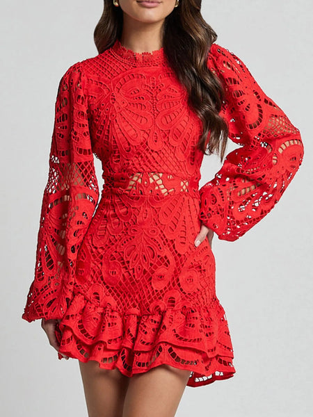 Babe Beachwear red lace mini dress with long sleeves and ruffle hem detailing