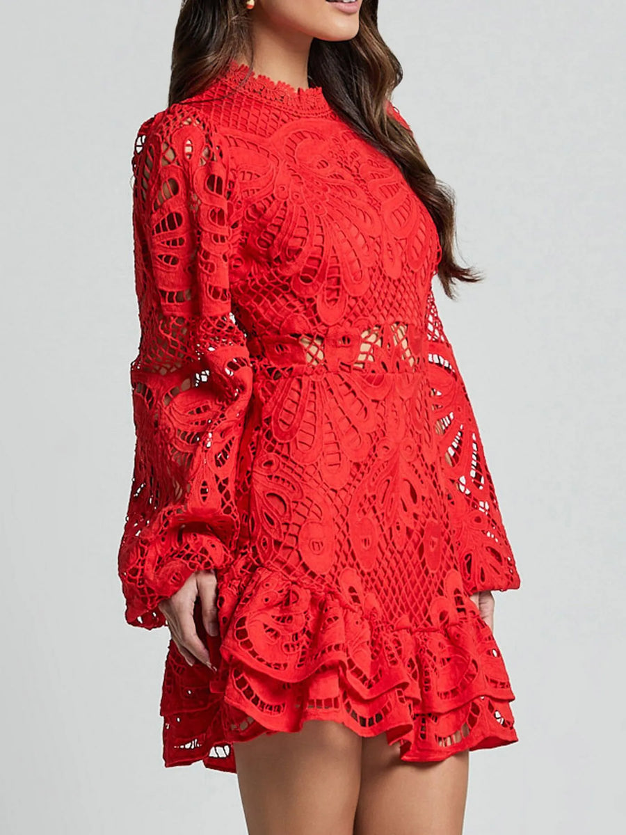 Babe Beachwear red lace mini dress with long sleeves and ruffled hem, not a white lace mini cocktail dress