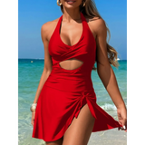 Beach Babes red sexy cutout swim dress with halter neck and side tie detail on the beach