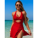 Beach Babes red sexy cutout swim dress with halter neckline and side tie detail at the beach