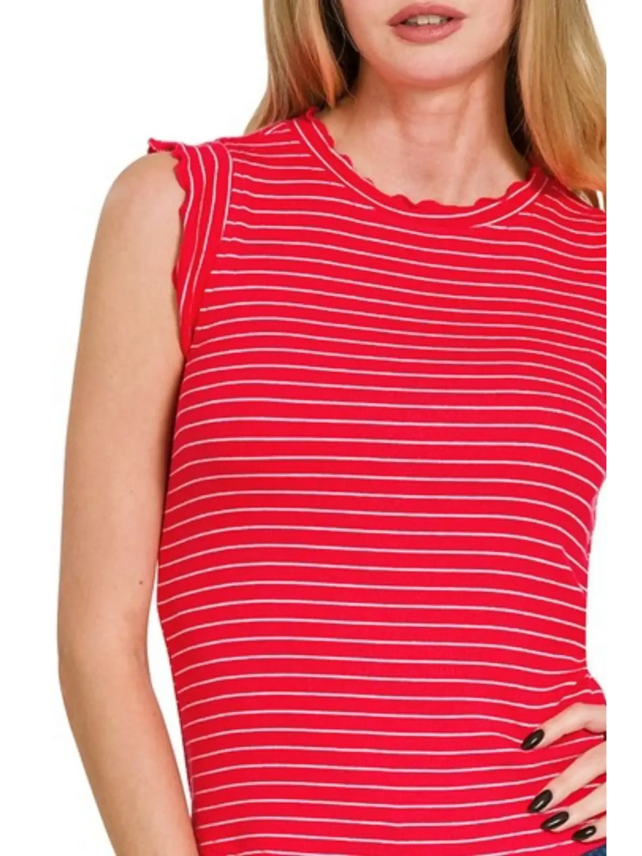 Trendsi red and white striped sleeveless ruffle sleeve summer top on model