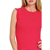 Trendsi red and white striped sleeveless ruffle sleeve summer top on model