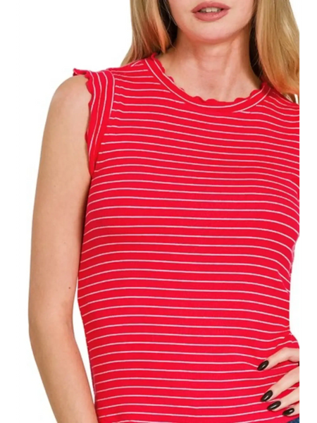 Trendsi red and white striped sleeveless ruffle sleeve summer top on model