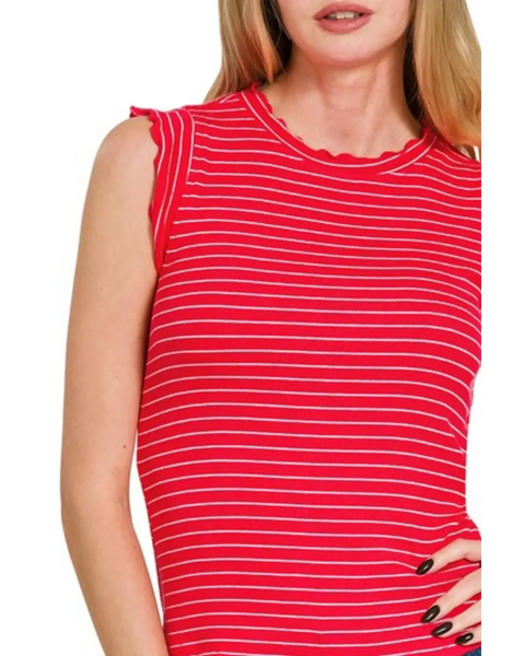 Trendsi red and white striped sleeveless ruffle sleeve summer top on model