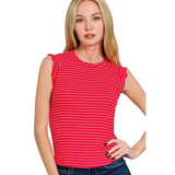 Trendsi red and white striped sleeveless ruffle sleeve summer top worn by woman
