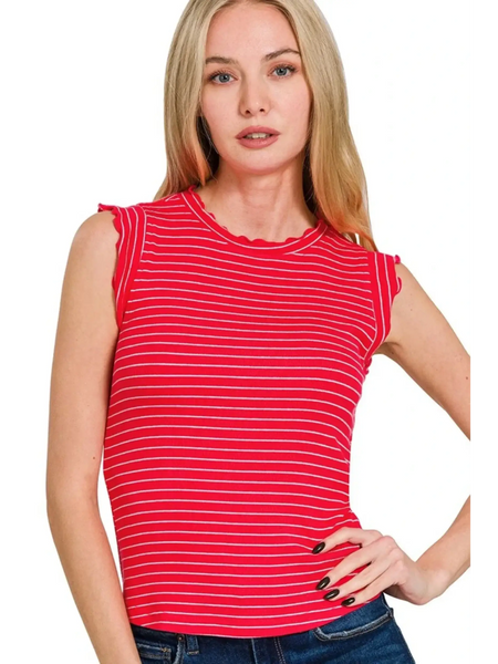 Trendsi red and white striped sleeveless ruffle sleeve summer top worn by woman