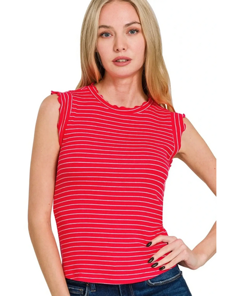 Trendsi red and white striped sleeveless ruffle sleeve summer top worn by woman