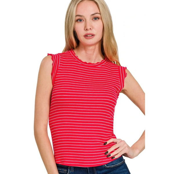 Trendsi red and white striped sleeveless ruffle sleeve summer top worn by woman