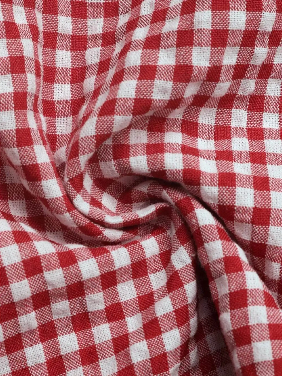 Close-up of red and white checkered fabric for red white tie front tank top by Babe Beachwaer