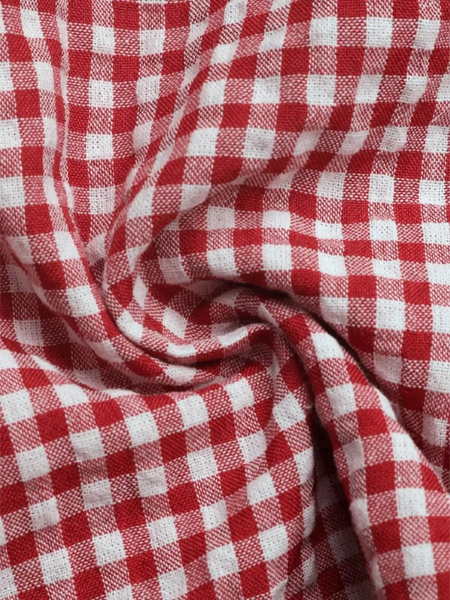 Close-up of red and white checkered fabric for red white tie front tank top by Babe Beachwaer