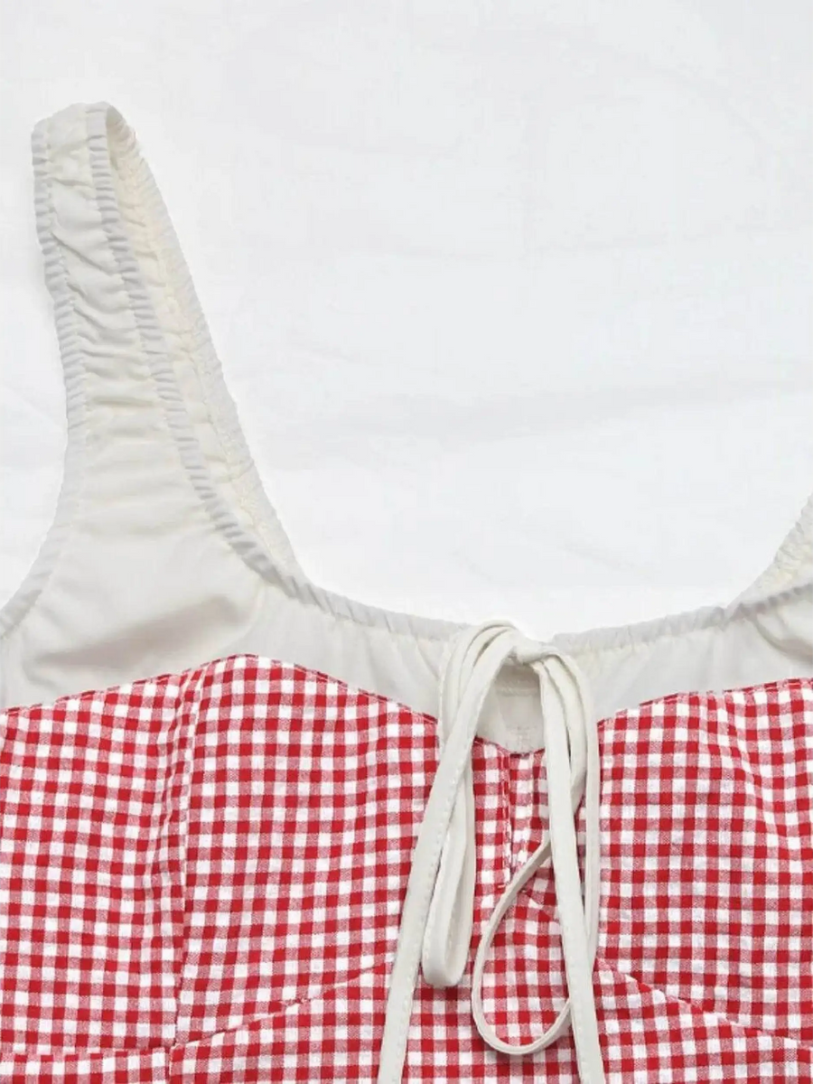 Babe Beachwear red white tie front tank top with gingham pattern and ruched straps