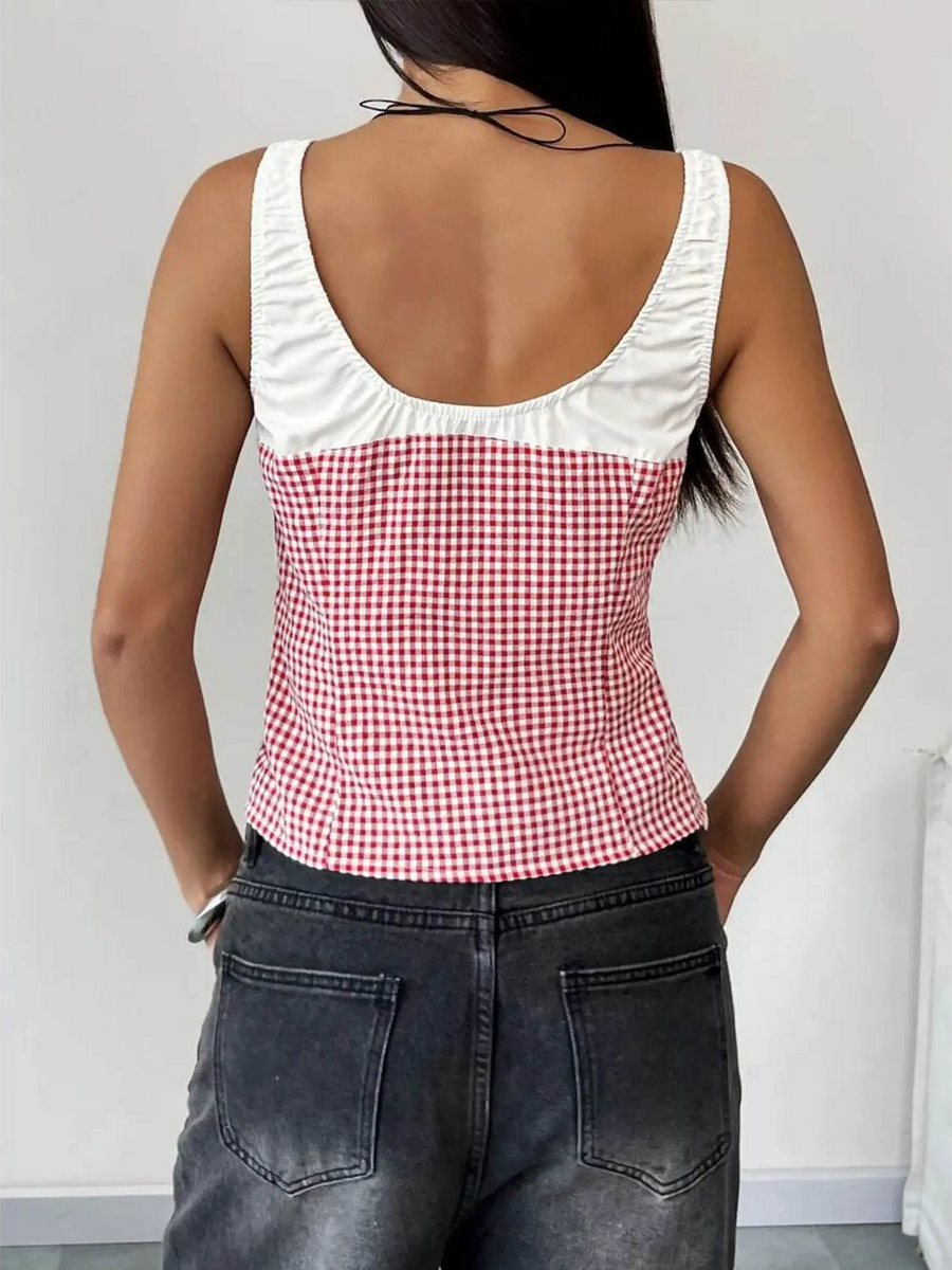 Back view of Babe Beachwear red white tie front tank top with sleeveless design and gingham pattern