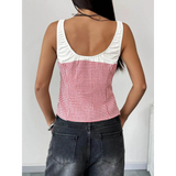 Back view of Babe Beachwear red white tie front tank top with sleeveless design and gingham pattern