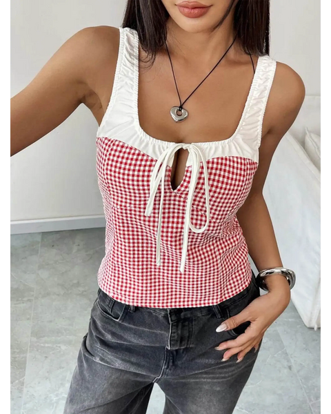 Babe Beachwaer red white tie front tank top with sleeveless design and checkered pattern paired with dark jeans
