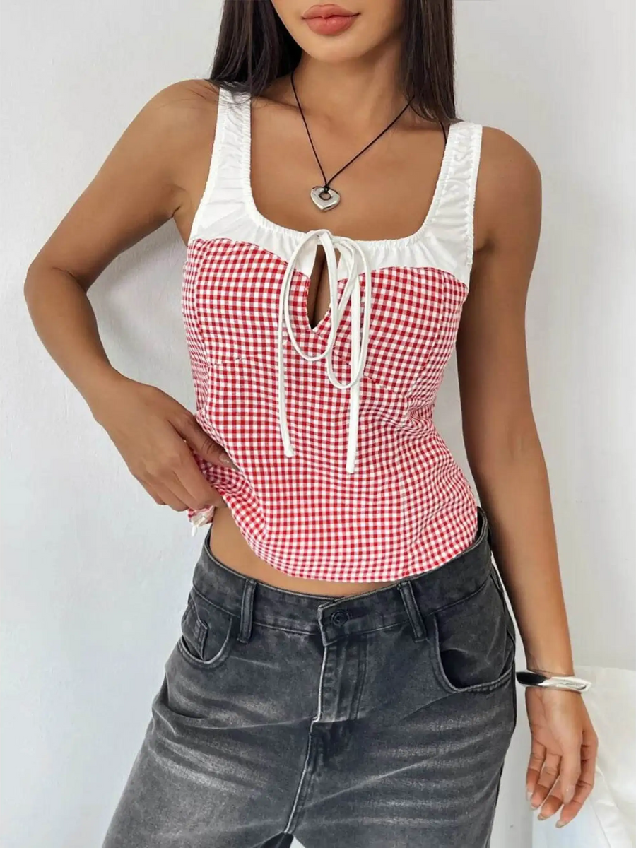 Babe Beachwaer red white tie front tank top sleeveless top with gingham pattern and square neckline