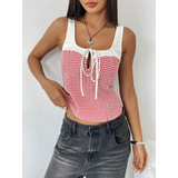 Babe Beachwaer red white tie front tank top sleeveless top with gingham pattern and square neckline