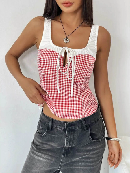 Babe Beachwaer red white tie front tank top sleeveless top with gingham pattern and square neckline