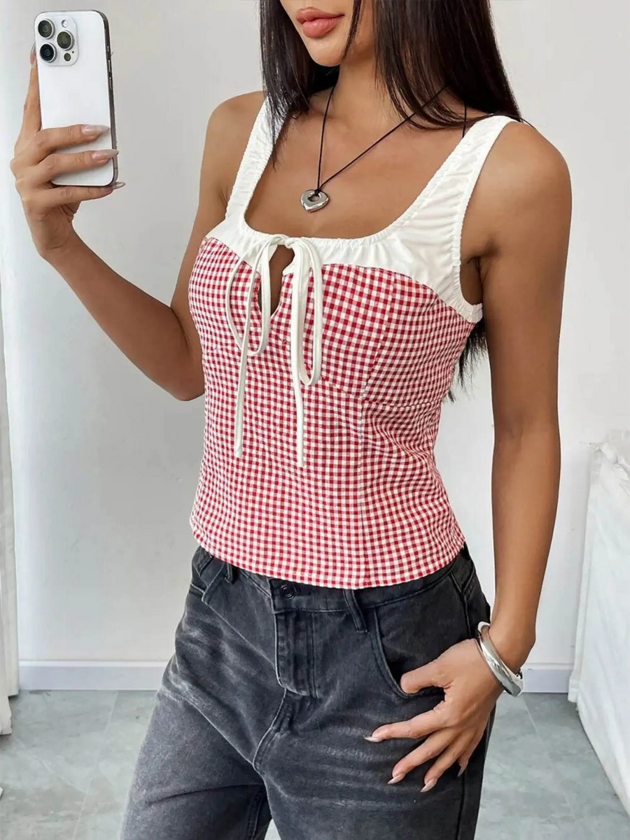 Babe Beachwear red white tie front tank top sleeveless with checkered pattern and front bow