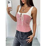 Babe Beachwear red white tie front tank top sleeveless with checkered pattern and front bow