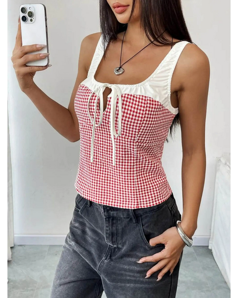 Babe Beachwear red white tie front tank top sleeveless with checkered pattern and front bow