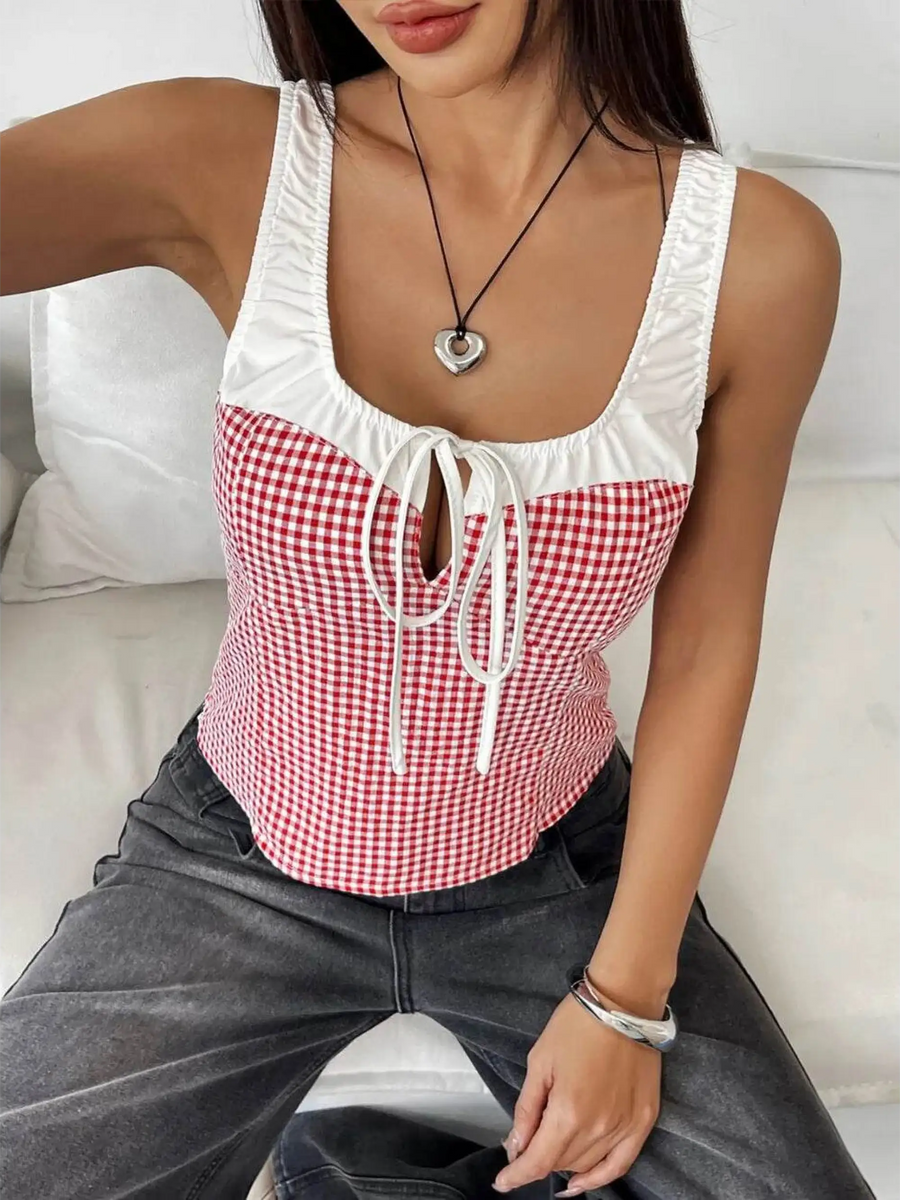 Babe Beachwear red white tie front tank top sleeveless top with gingham pattern worn with black jeans