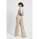 Emory Park beige relaxed cargo pants for women with side and back pockets worn by model