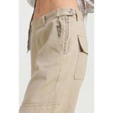 Emory Park beige relaxed cargo pants for women with side zipper and flap pocket detail