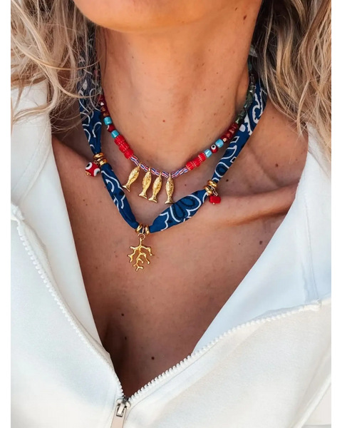 Trendsi resort cruise statement coral necklace with red beads gold fish charms and blue fabric