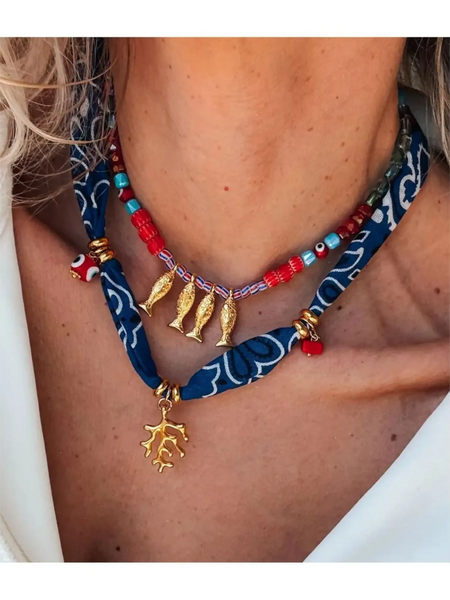 Trendsi resort cruise statement coral necklace with gold fish charms and blue fabric wrap