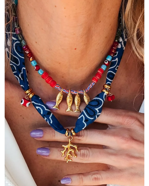Trendsi resort cruise statement coral necklace with red beads gold fish charms and blue fabric detailing