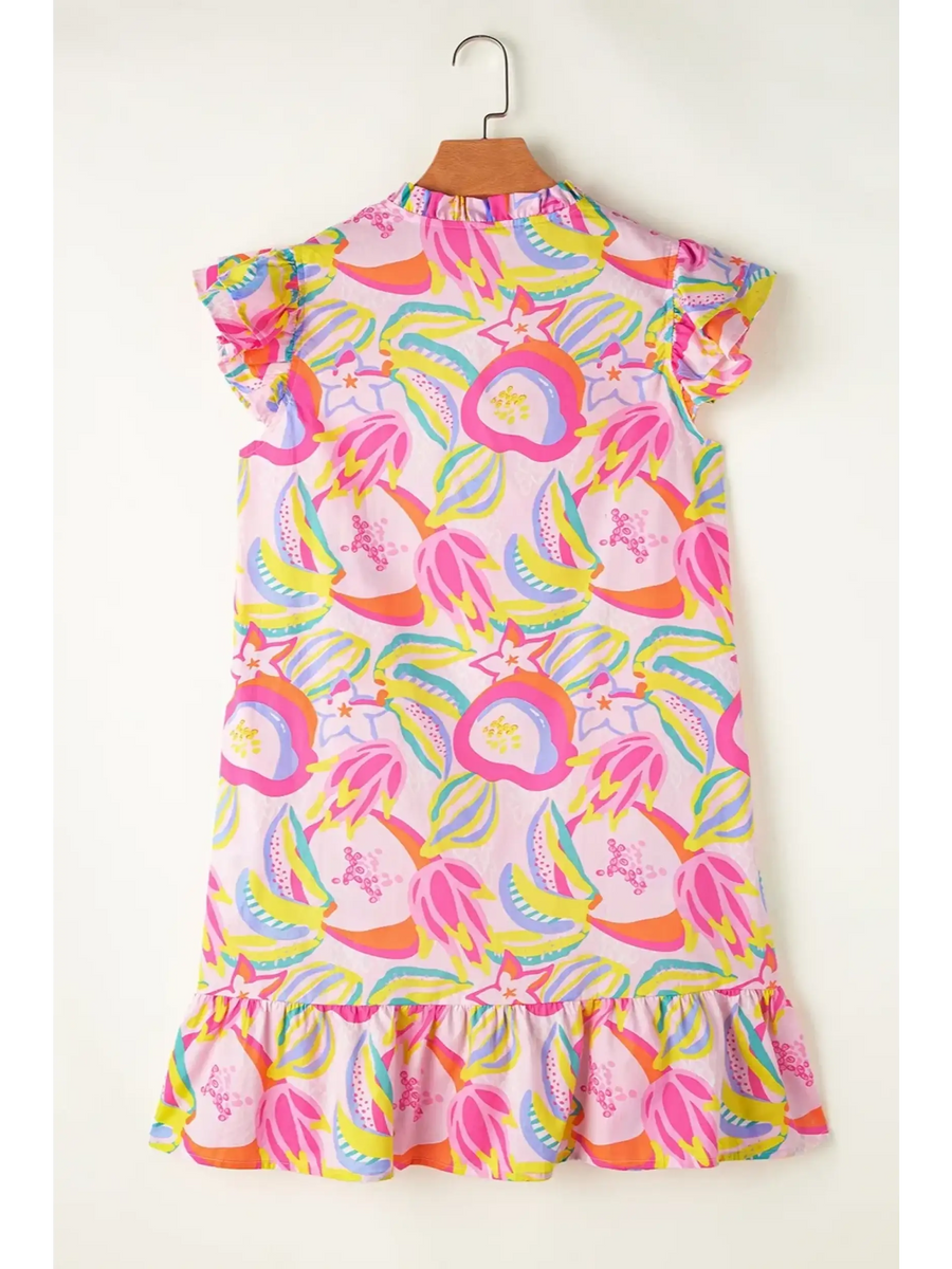 Babe Beachwear pink floral ruffle sleeve mini dress resort with colorful tropical print