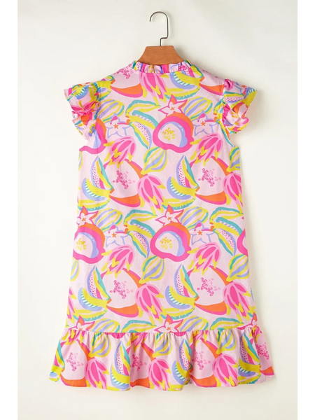 Babe Beachwear pink floral ruffle sleeve mini dress resort with colorful tropical print