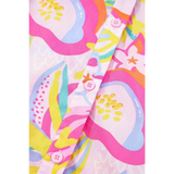 Close-up of pink floral ruffle sleeve mini dress resort pattern with buttons by Babe Beachwear
