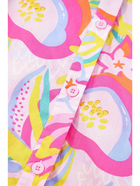 Close-up of pink floral ruffle sleeve mini dress resort pattern with buttons by Babe Beachwear