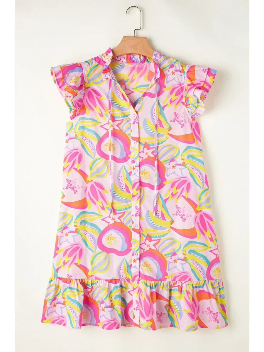 Babe Beachwear pink floral ruffle sleeve mini dress resort with colorful tropical print and button front