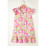 Babe Beachwear pink floral ruffle sleeve mini dress resort with colorful tropical print and button front